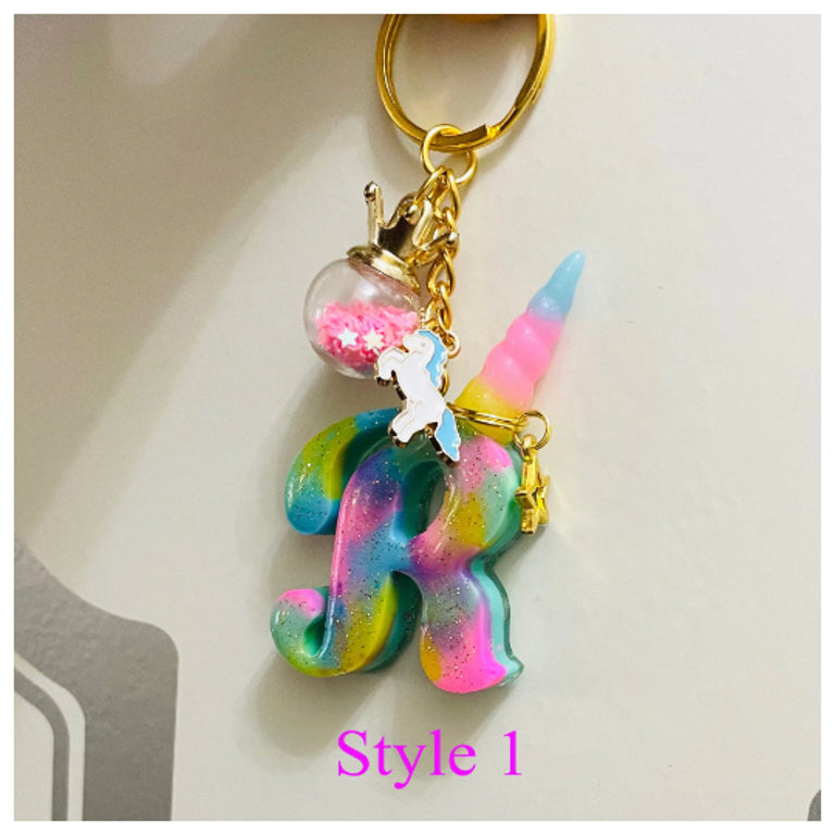 Back to School Unicorn Letter Initial Keychain Handmade Sparkle Backpack Bag Name Tag for Kids