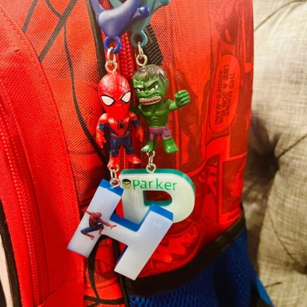 Backpack Name Tag SuperHero Letter Keychain Spider Man Backpack Bag Name Tag for Kids Teens | Sinclair Charm Unique Gift Boys Girls