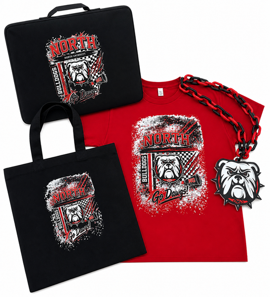 NG Spirit Swag Pack | North Gwinnett Bulldogs Bundle | T-Shirt, Hype Chain, Tote Bag, Bleacher Cushion | Game Day Set