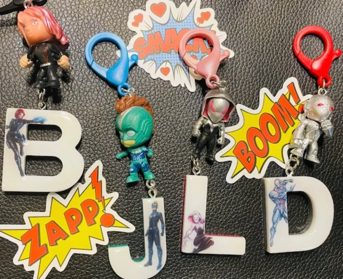 Backpack Name Tag SuperHero Letter Keychain Spider Man Backpack Bag Name Tag for Kids Teens | Sinclair Charm Unique Gift Boys Girls