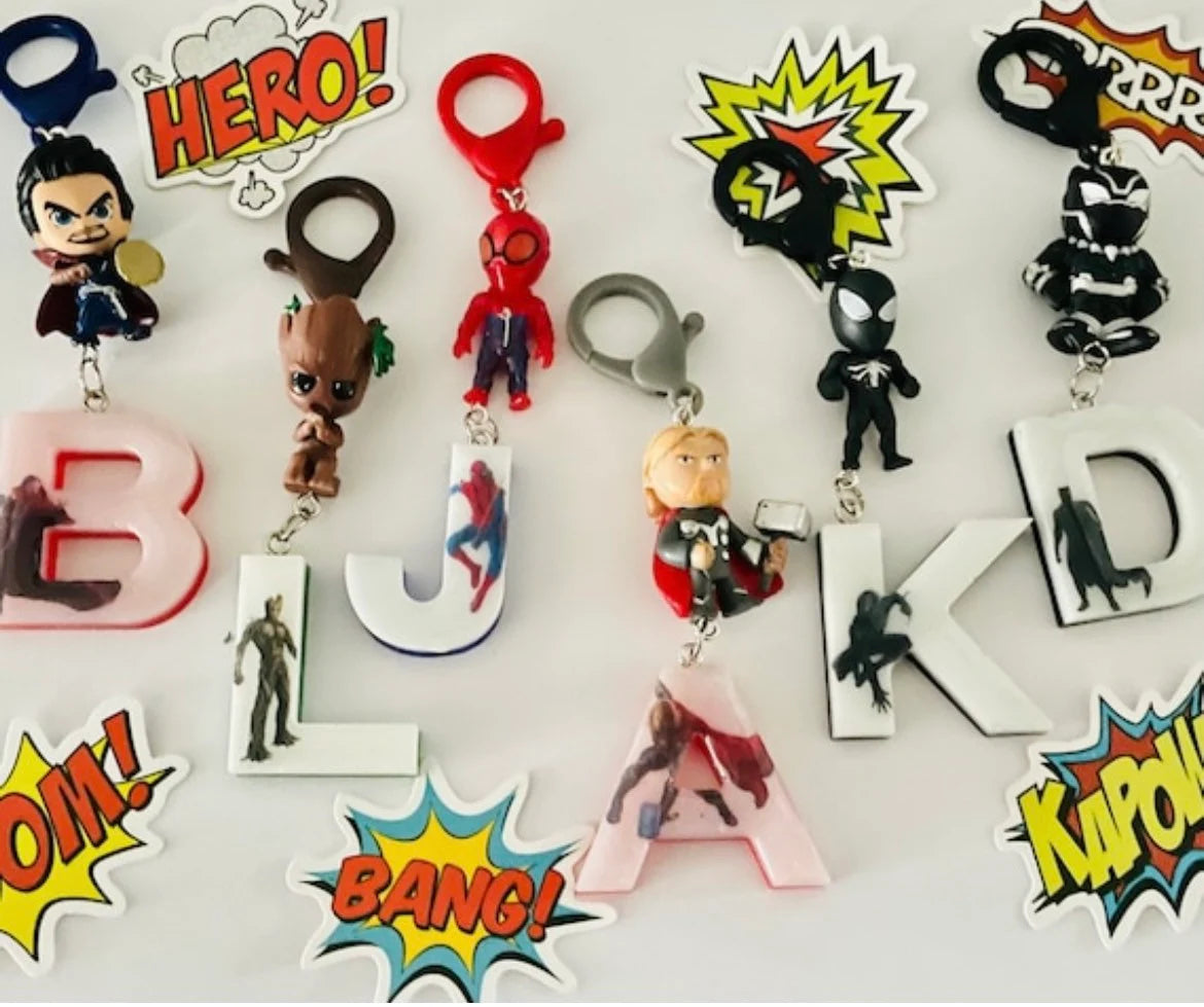 Backpack Name Tag SuperHero Letter Keychain Spider Man Backpack Bag Name Tag for Kids Teens | Sinclair Charm Unique Gift Boys Girls