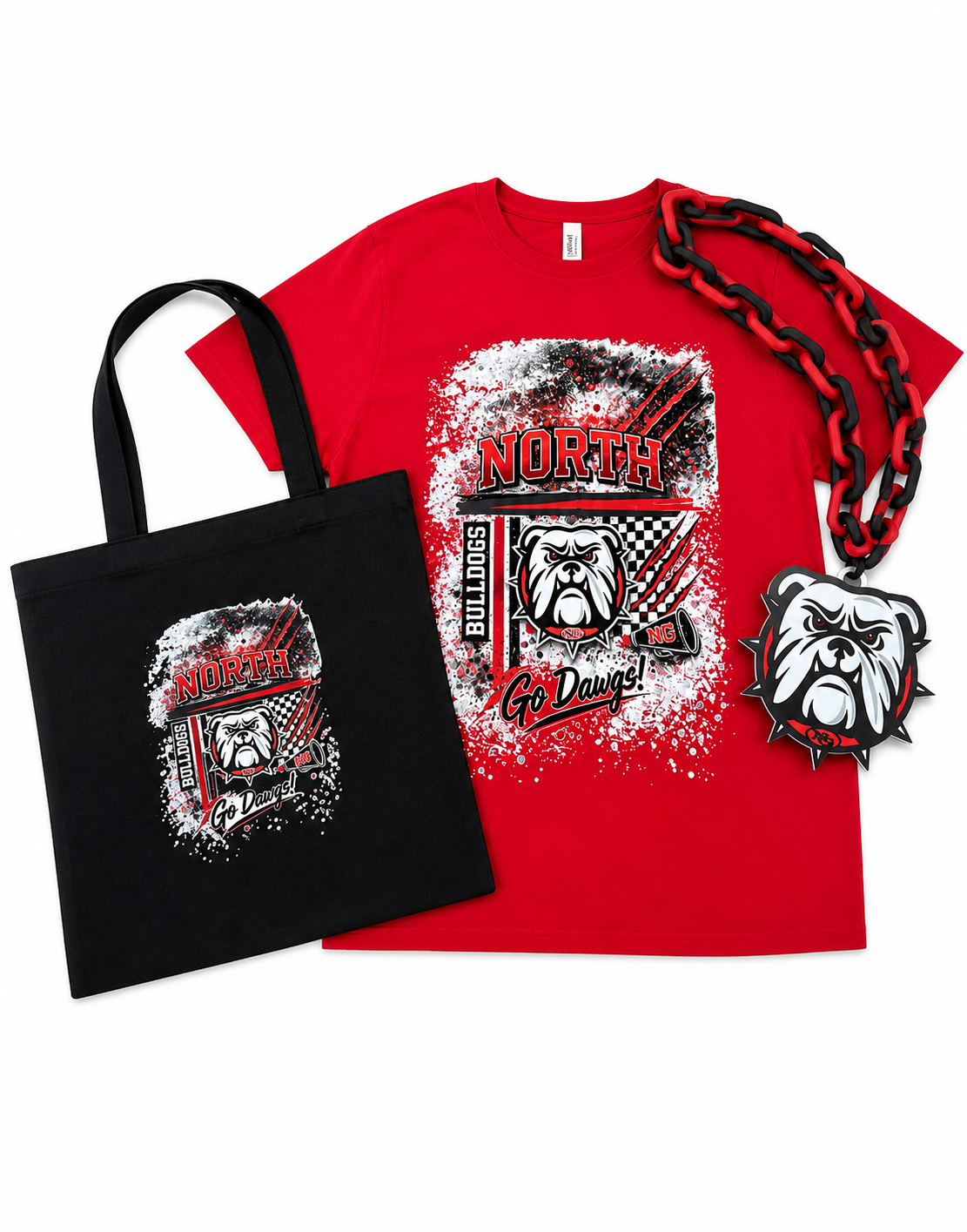 NG Spirit Swag Pack | North Gwinnett Bulldogs Bundle | T-Shirt, Hype Chain, Tote Bag, Bleacher Cushion | Game Day Set