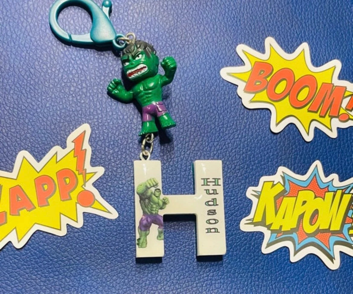 Backpack Name Tag SuperHero Letter Keychain Spider Man Backpack Bag Name Tag for Kids Teens | Sinclair Charm Unique Gift Boys Girls