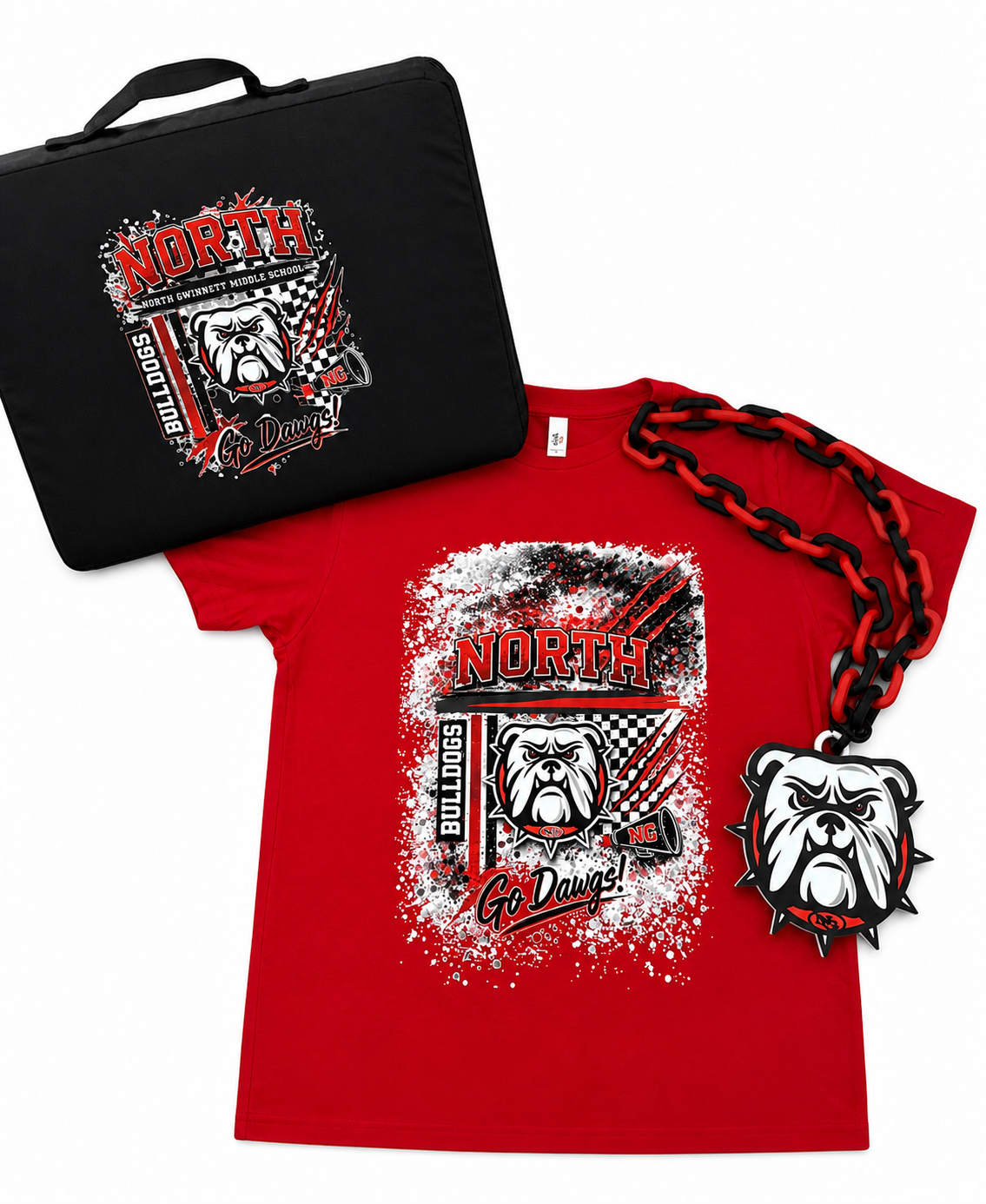 NG Spirit Swag Pack | North Gwinnett Bulldogs Bundle | T-Shirt, Hype Chain, Tote Bag, Bleacher Cushion | Game Day Set
