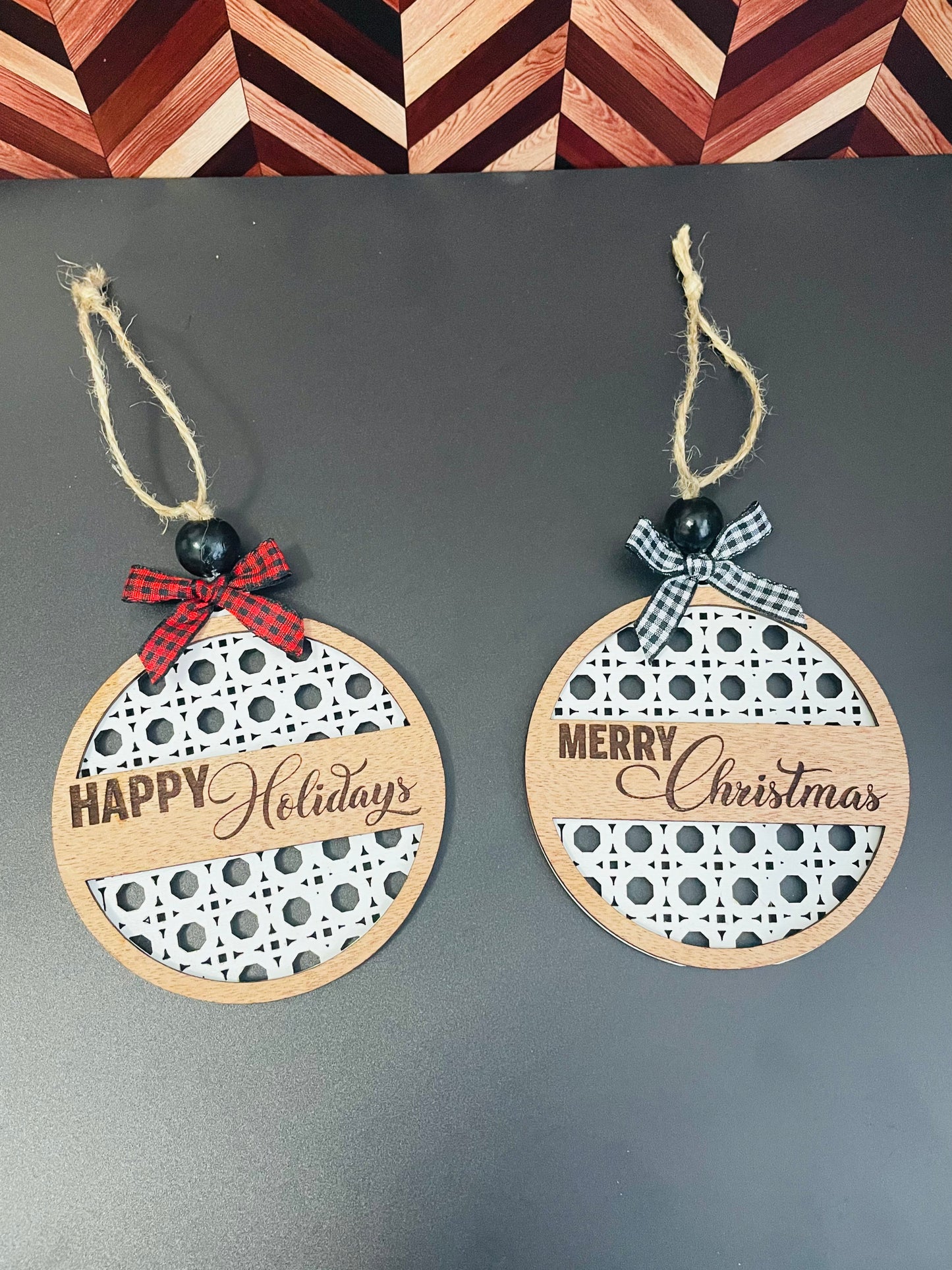 🎄 Rustic “Merry Christmas” Ornament | Farmhouse Wood Laser-Cut Holiday Decor with Gingham Bow