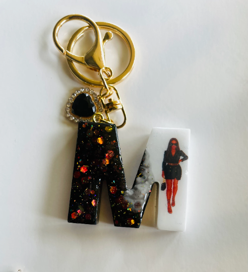 Sparkling Black & White Initial Keychain